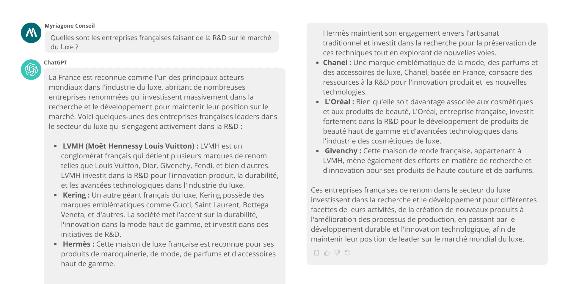 Conversation ChatGPT - Quelles sont les entreprises françaises faisant de la R&D sur le marché du luxe ?